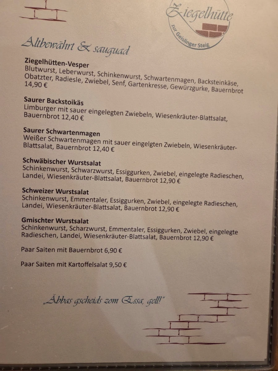 Speisekarte, Gasthaus Ziegelhütte Inh. S. Bühler
