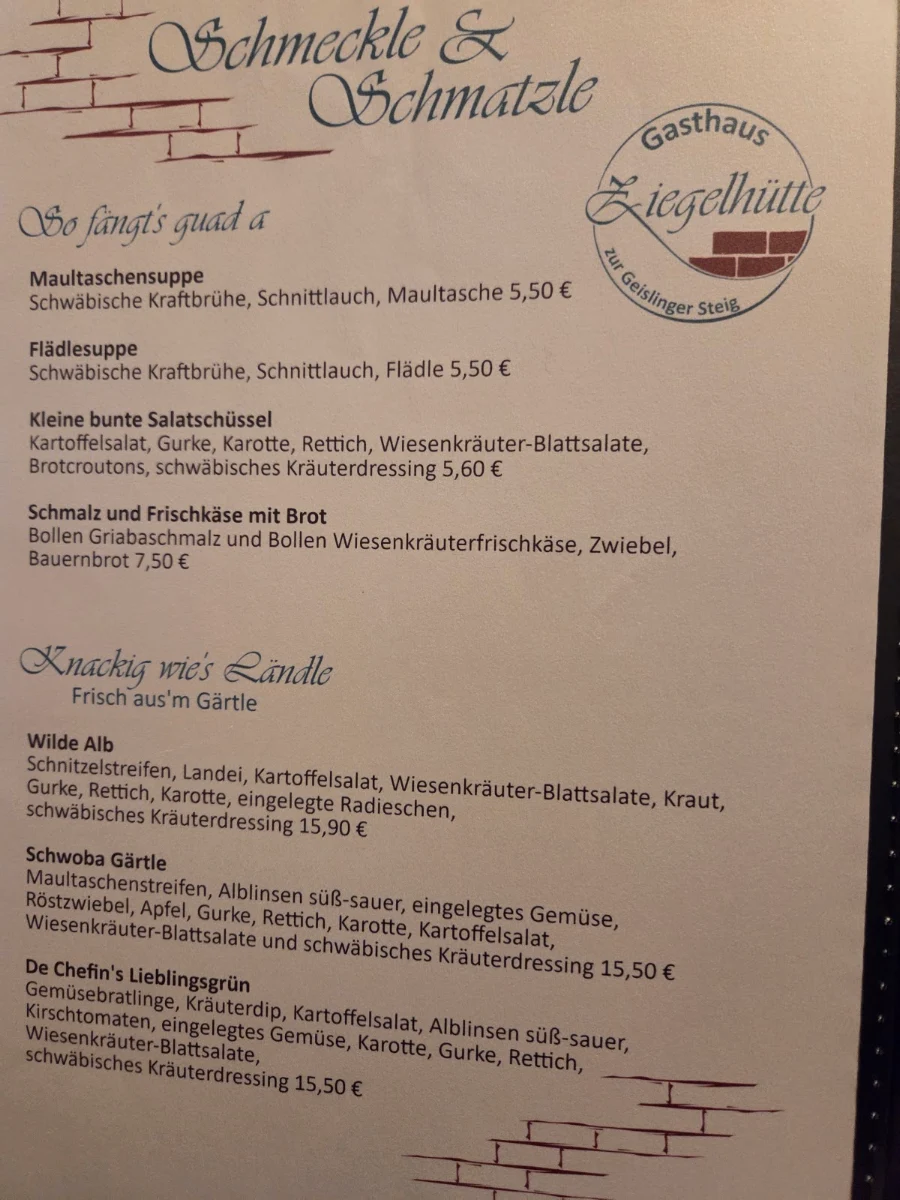 Speisekarte, Gasthaus Ziegelhütte Inh. S. Bühler