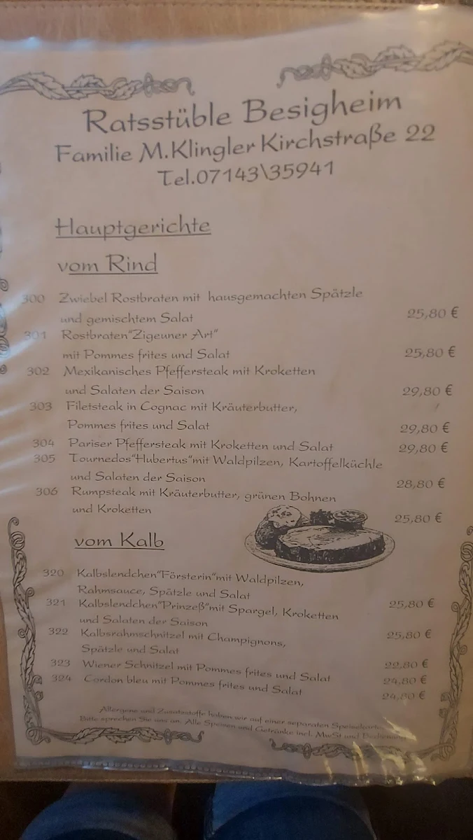 Speisekarte, Ratsstüble Besigheim