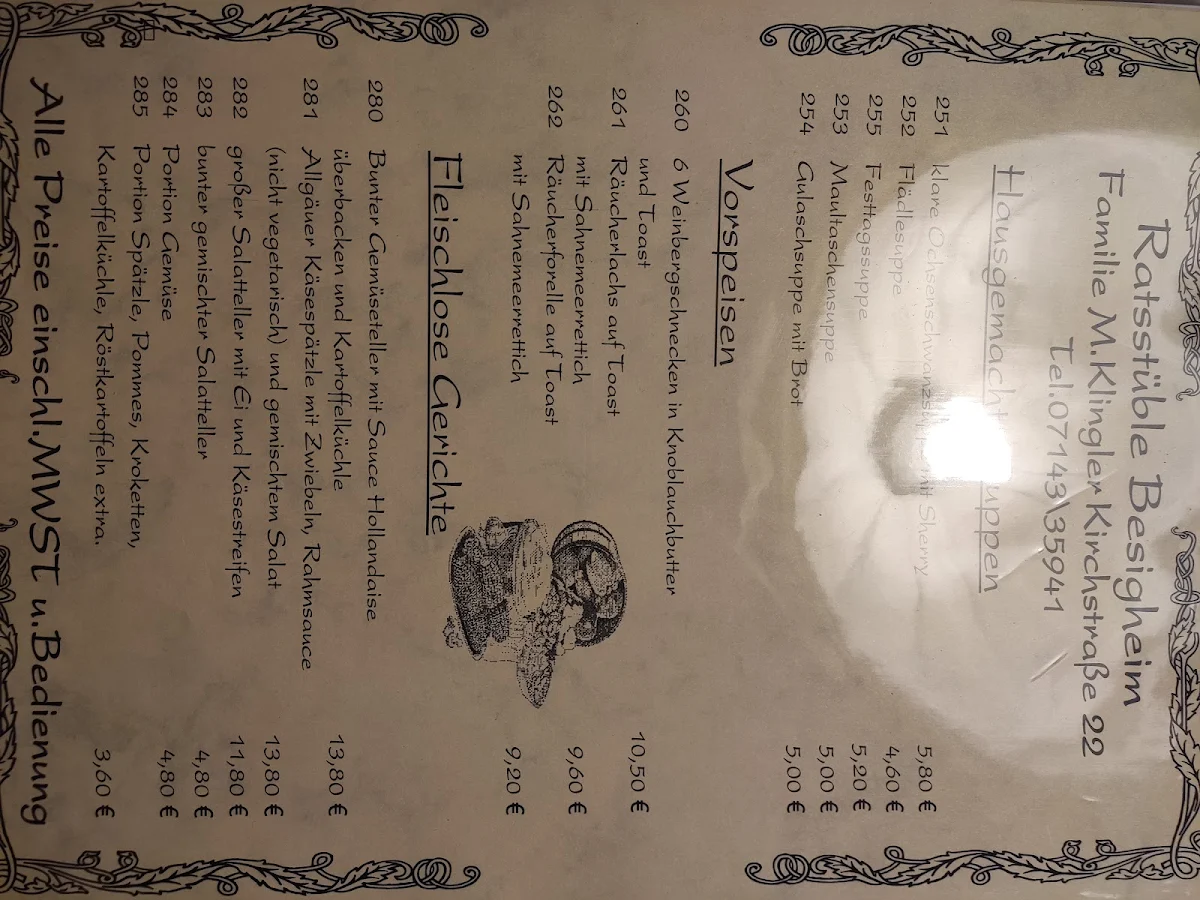 Speisekarte, Ratsstüble Besigheim