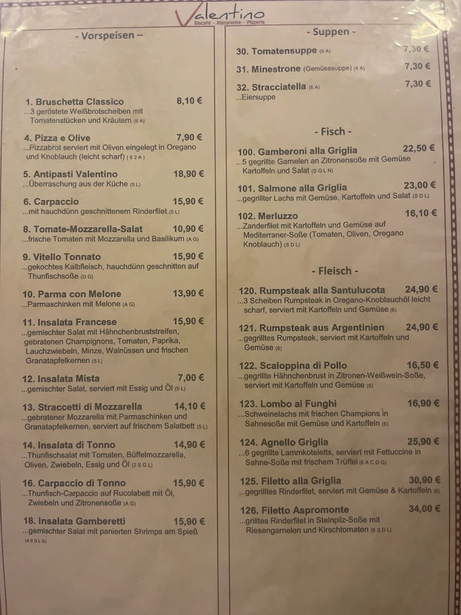 Speisekarte, RESTAURANT VALENTINO