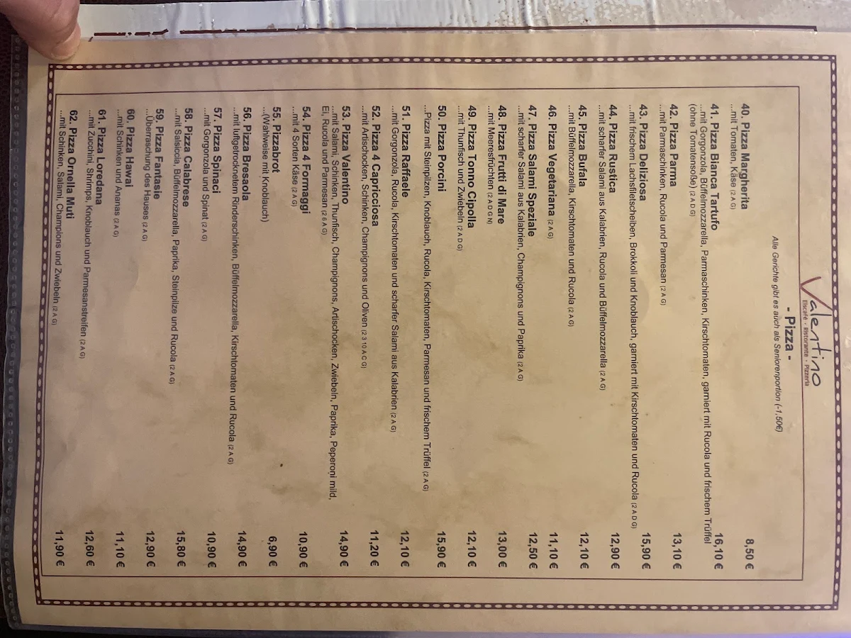 Speisekarte, RESTAURANT VALENTINO