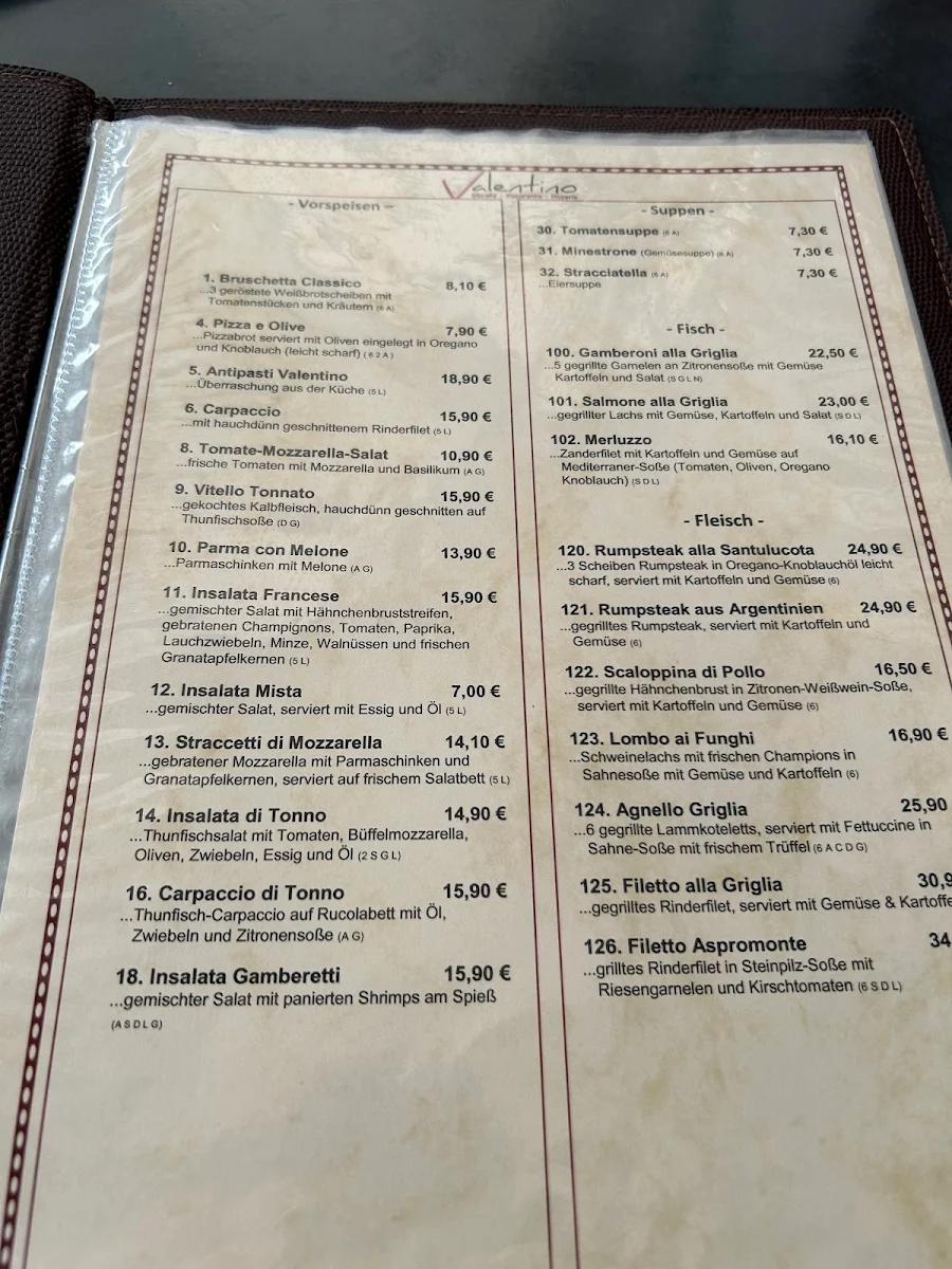 Speisekarte, RESTAURANT VALENTINO