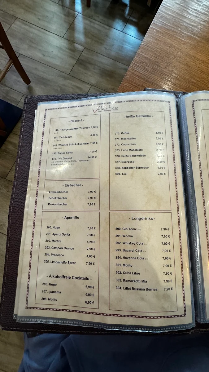 Speisekarte, RESTAURANT VALENTINO