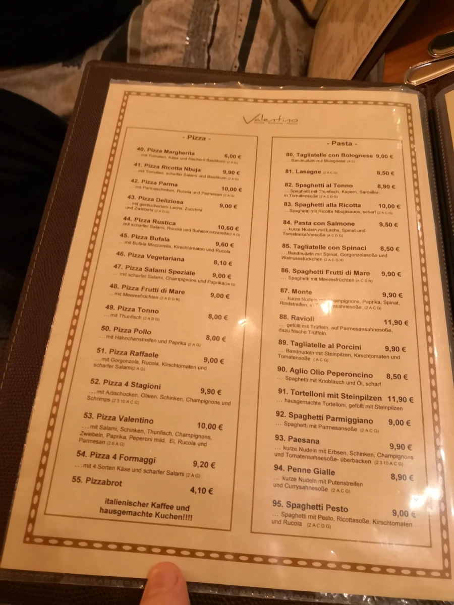 Speisekarte, RESTAURANT VALENTINO