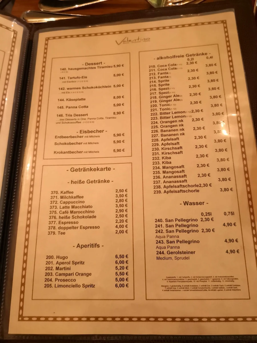 Speisekarte, RESTAURANT VALENTINO