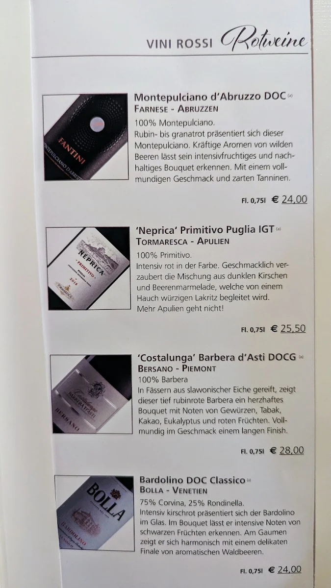 Speisekarte, RESTAURANT VALENTINO