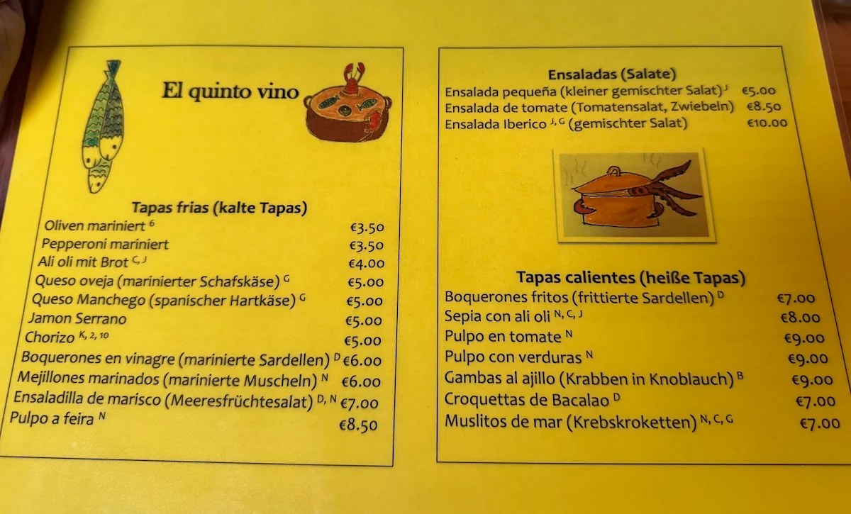 Speisekarte, EL Quinto Vino