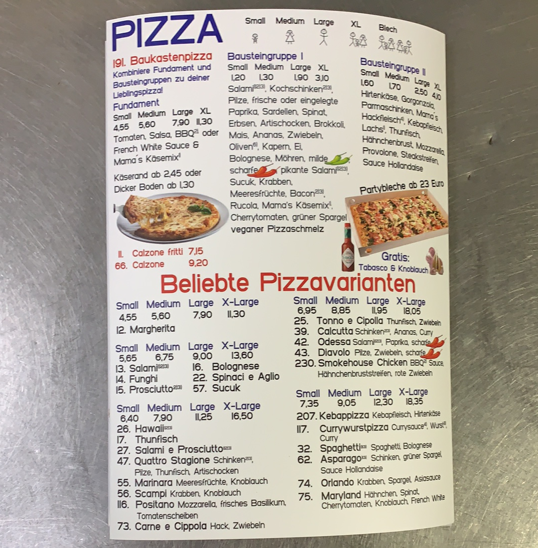 Speisekarte, Mama‘s Pizza-Place