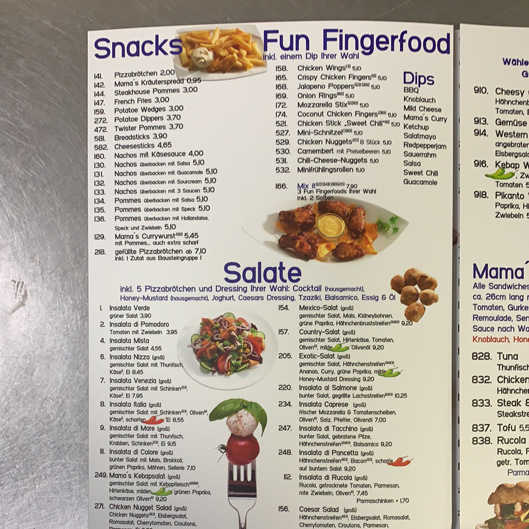 Speisekarte, Mama‘s Pizza-Place