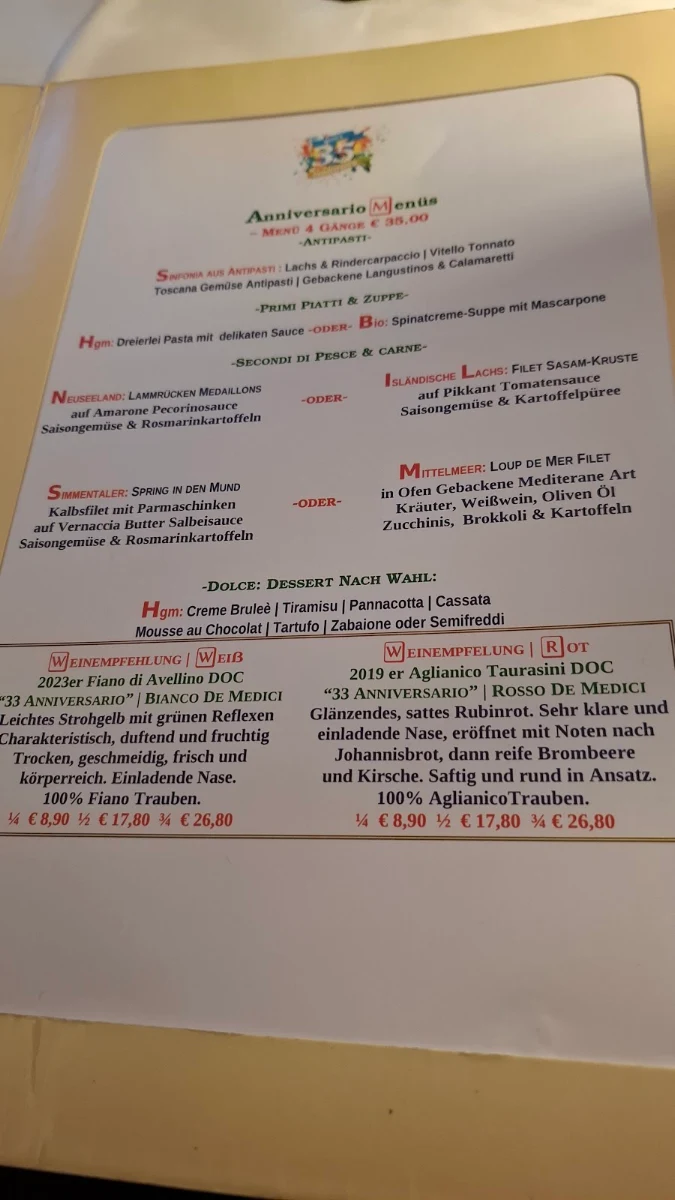 Speisekarte, VILLA MEDICI - Mario Veglia Berlin