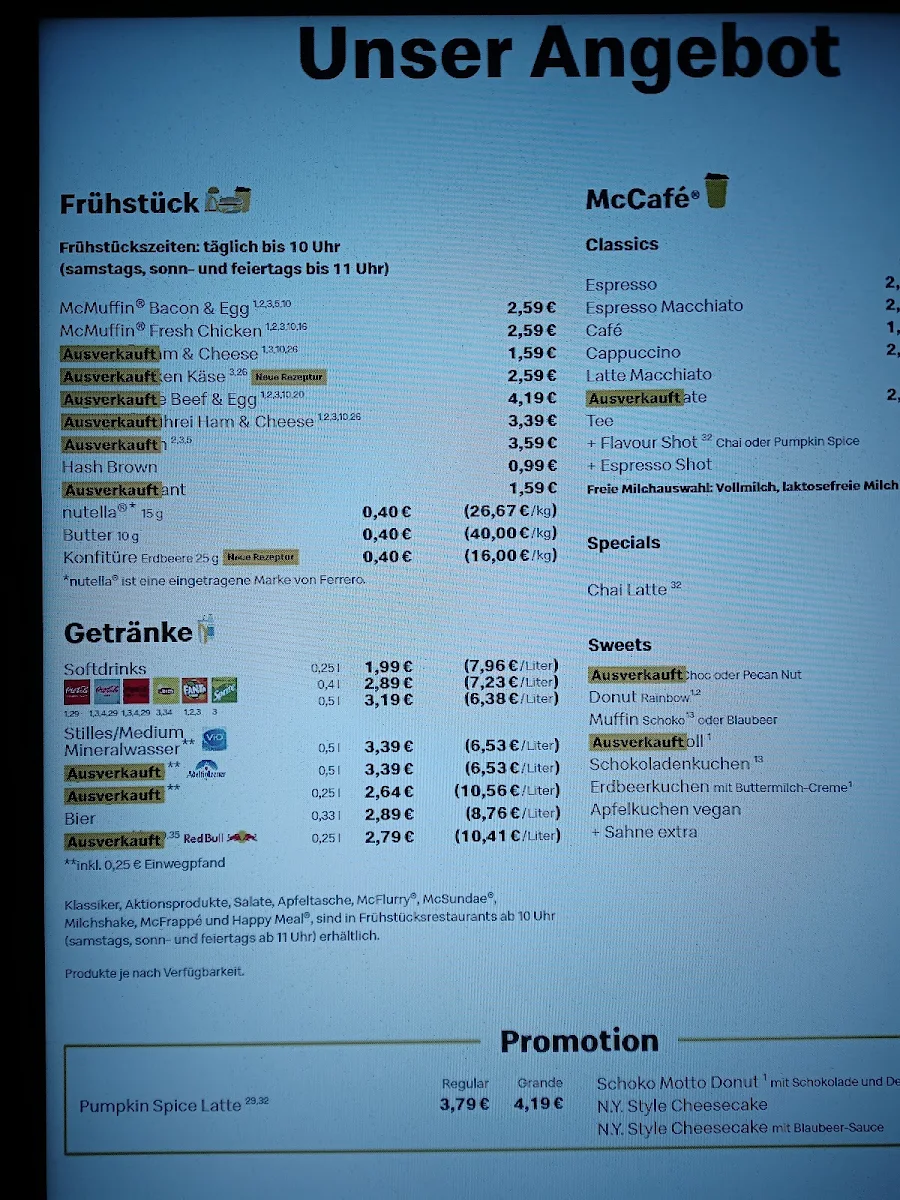 Speisekarte, McDonald's