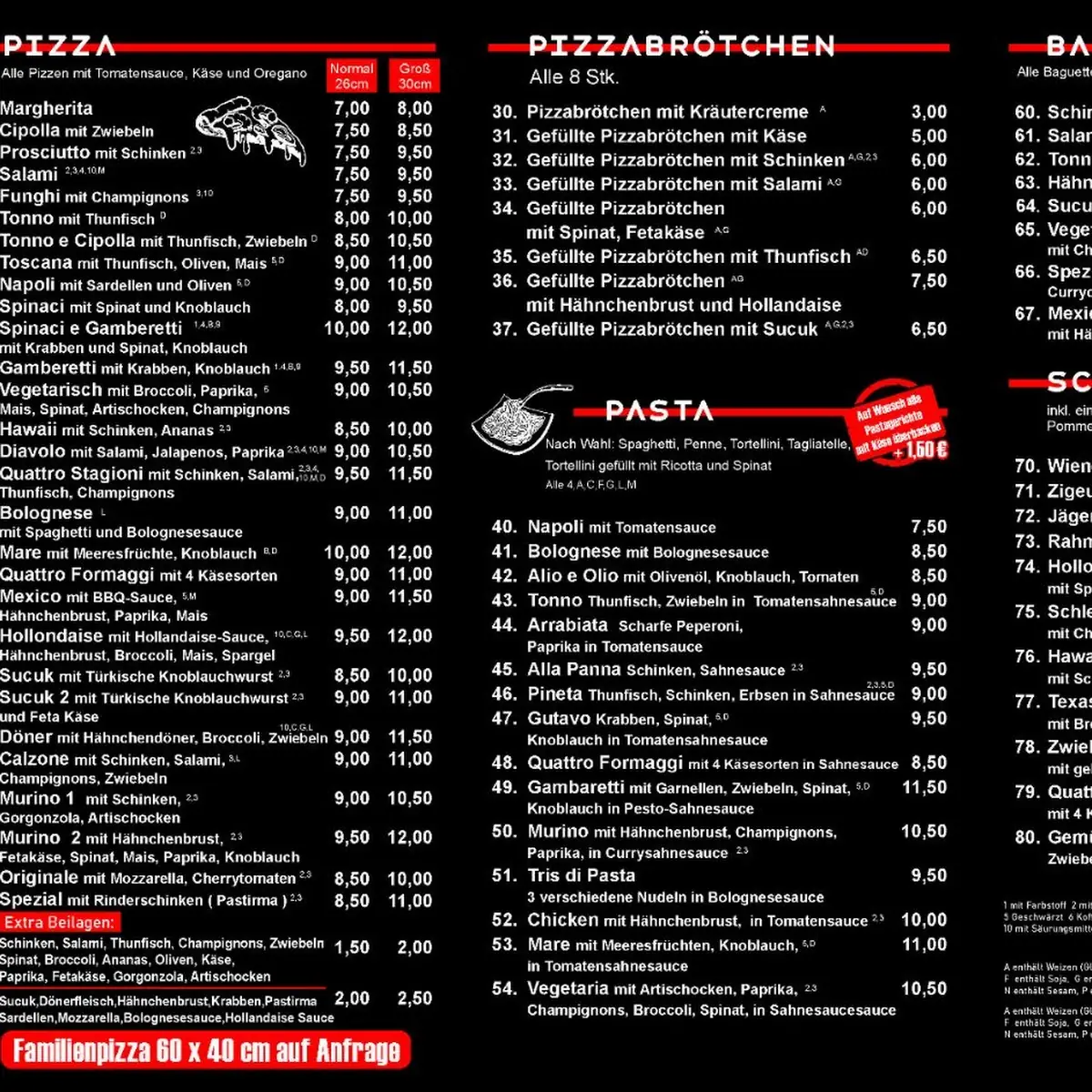 Speisekarte, Pizzeria Murino