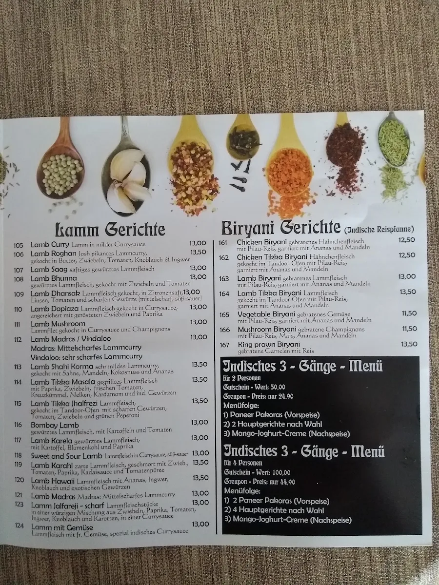 Speisekarte, Restaurant Indian Curryhouse Paderborn