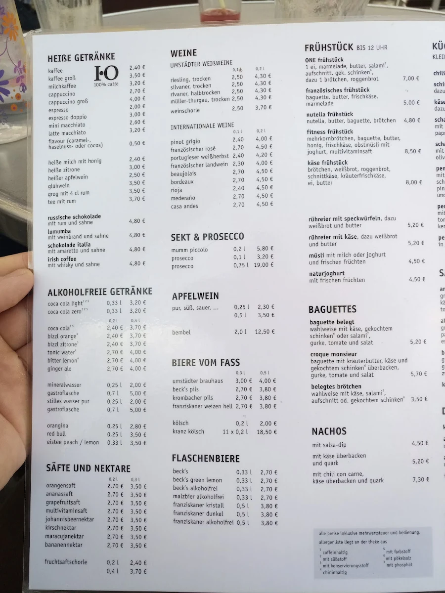 Speisekarte, Café Bar One