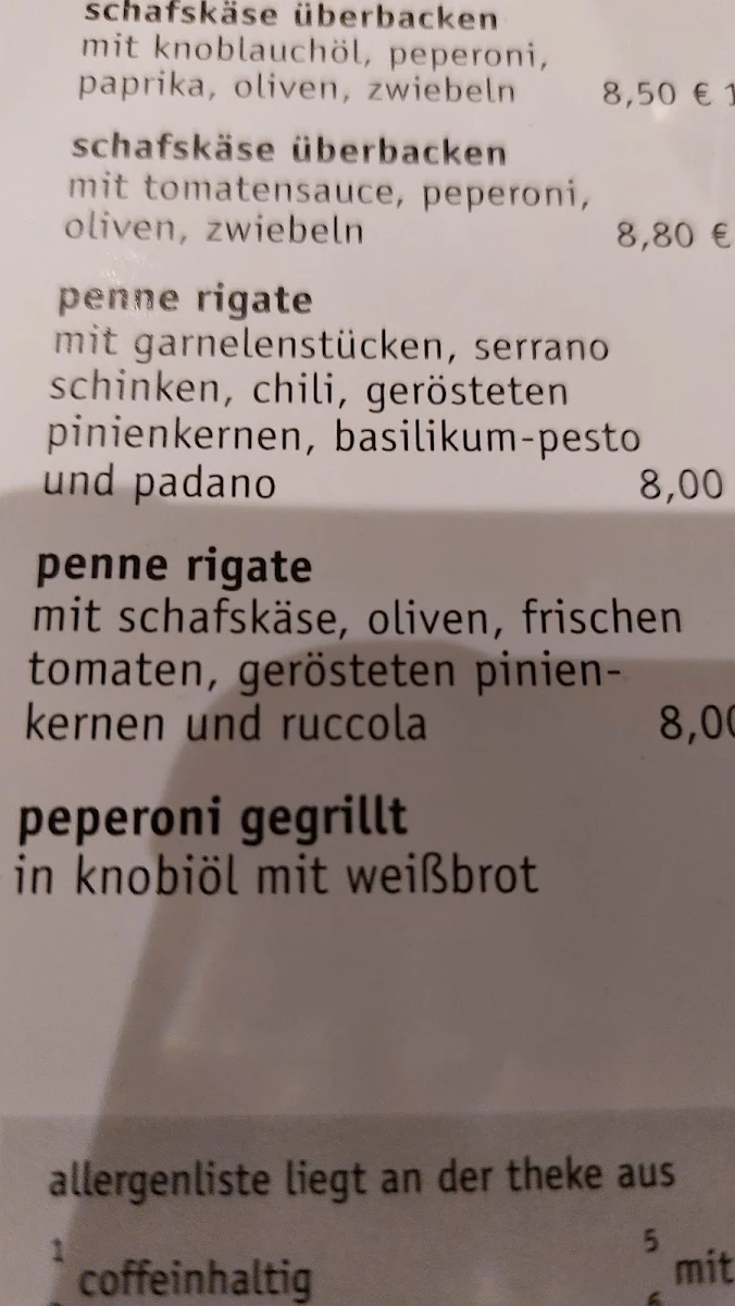 Speisekarte, Café Bar One