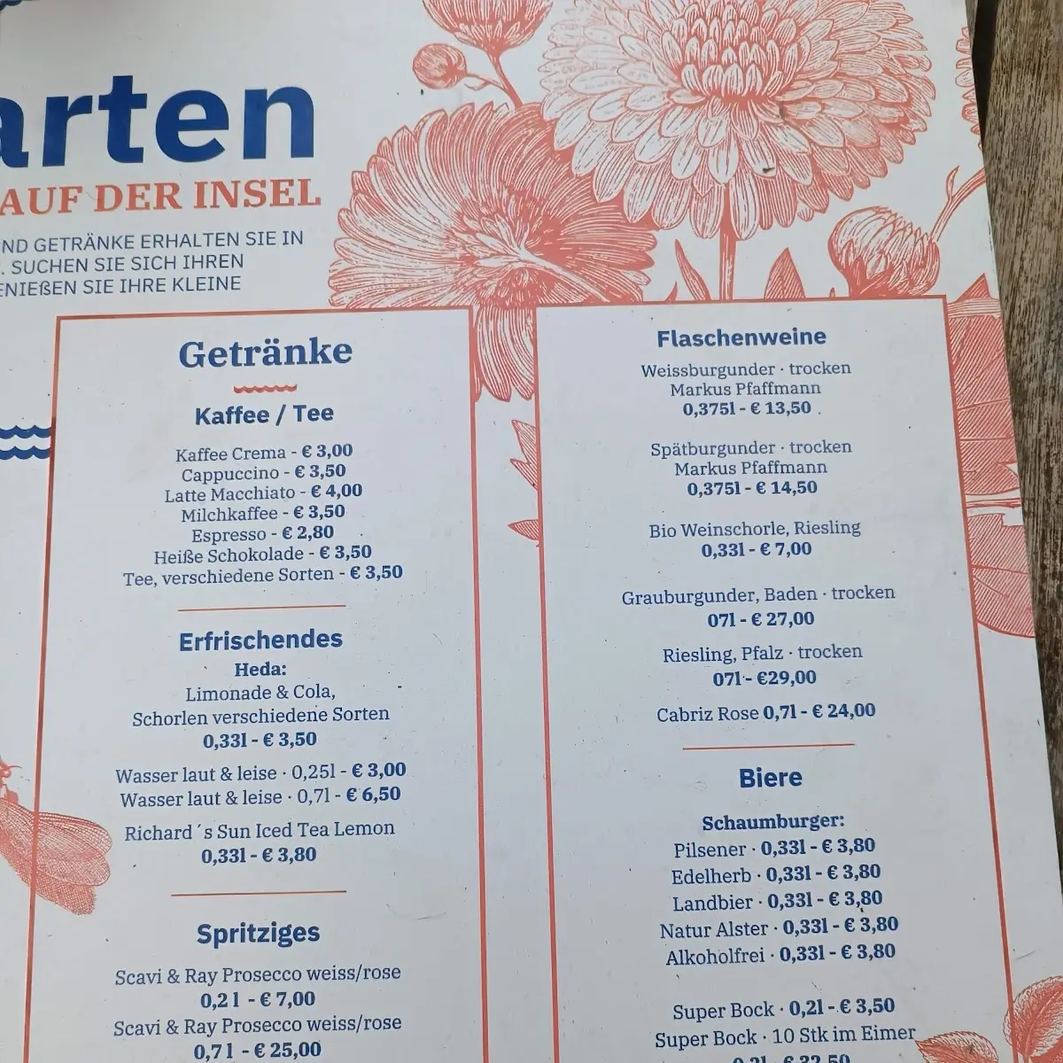 Speisekarte, Gastronomie Insel Wilhelmstein