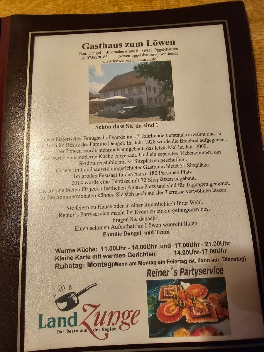 Speisekarte, Gasthaus zum Löwen Reiner’s Partyservice