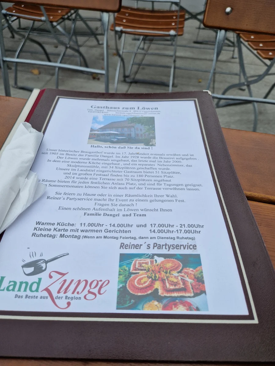 Speisekarte, Gasthaus zum Löwen Reiner’s Partyservice