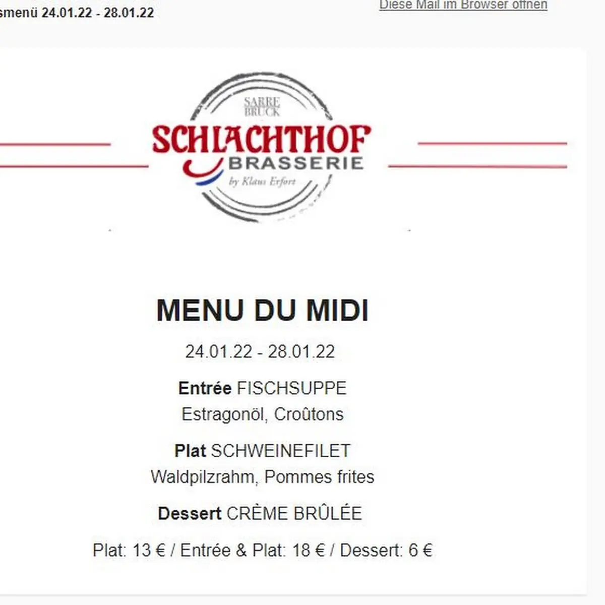 Speisekarte, Schlachthof Brasserie GmbH - Saarbrücken