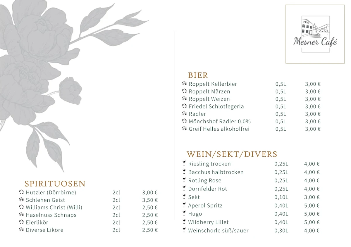 Speisekarte, Mesner Café
