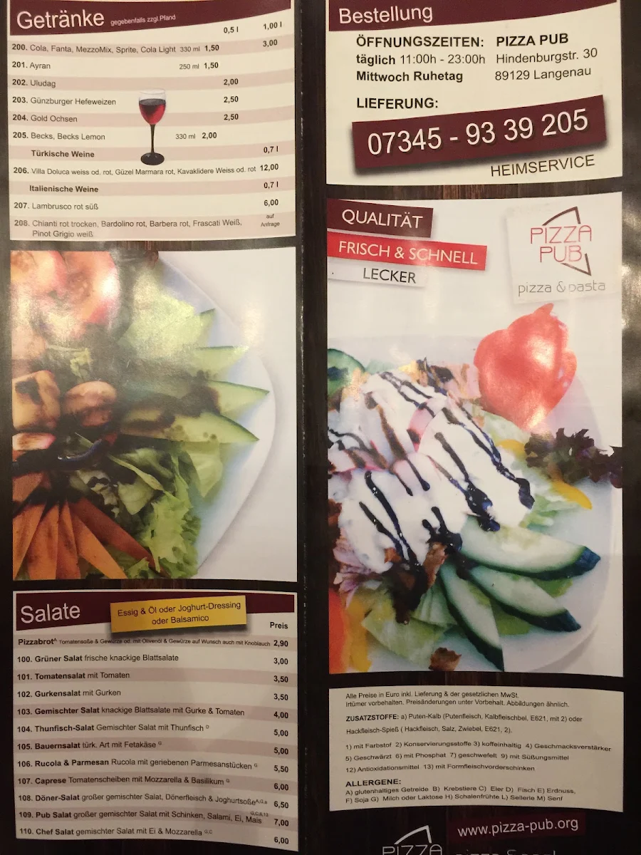 Speisekarte, Pizza Pub - Pizza & Döner Lieferdienst. Elchingen