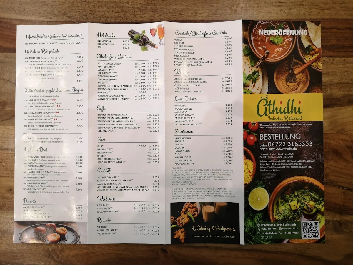 Speisekarte, Athidhi Indisches Restaurant