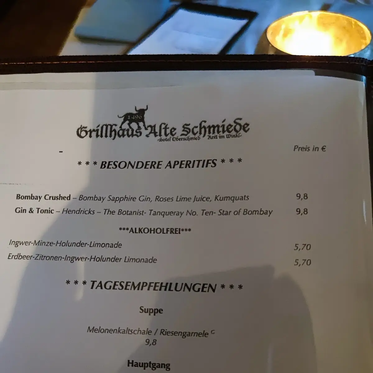 Speisekarte, Grillhaus Alte Schmiede