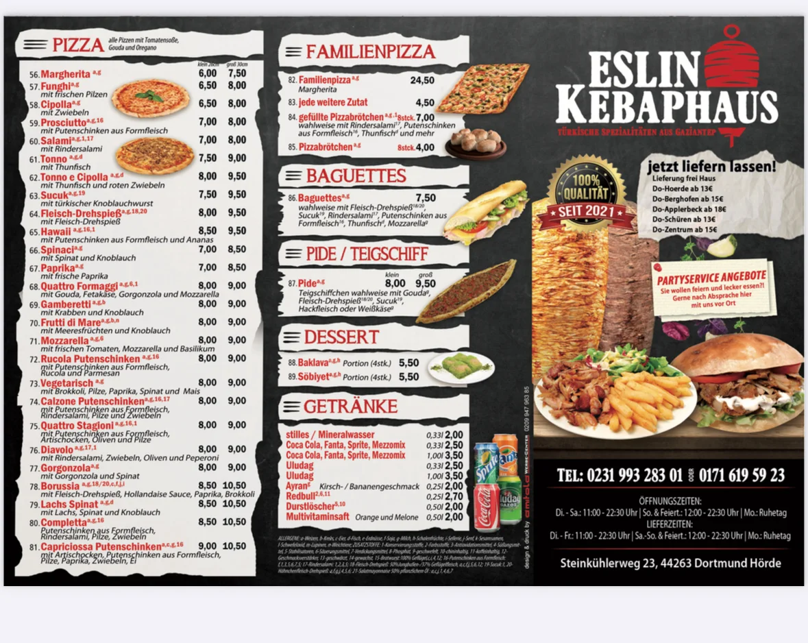 Speisekarte, Eslin Kebab Haus