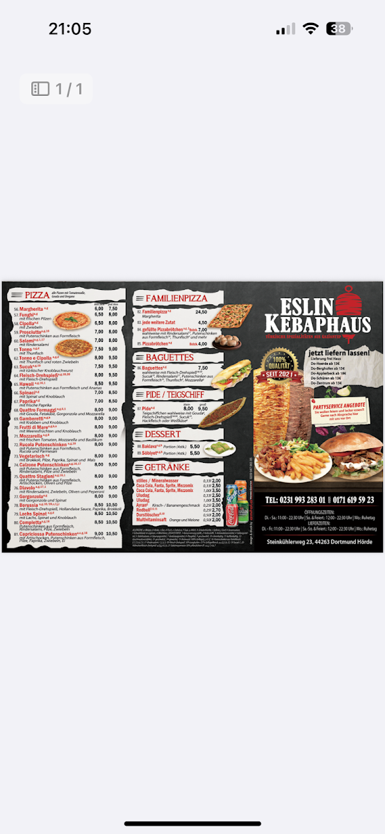 Speisekarte, Eslin Kebab Haus