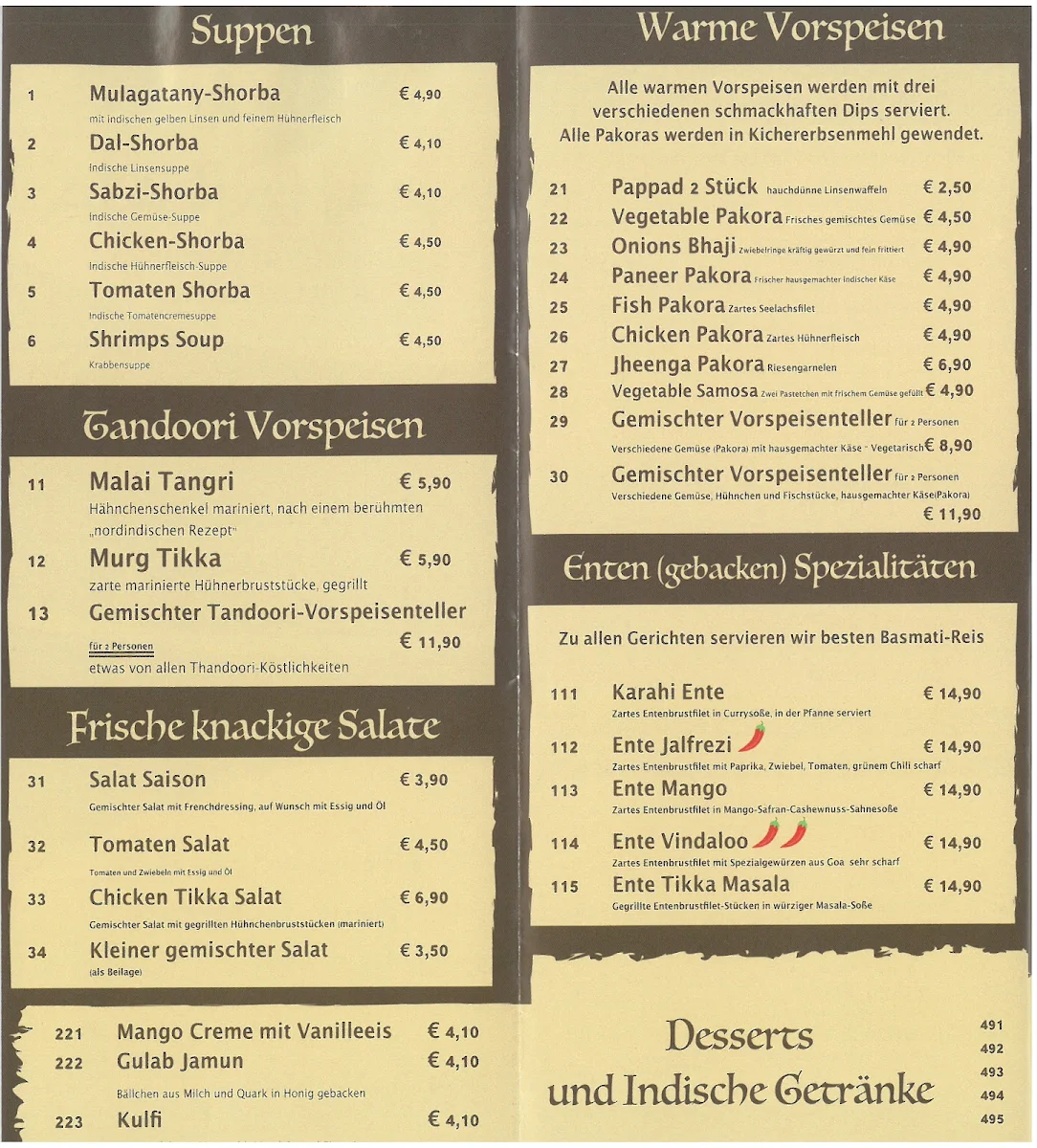Speisekarte, Maharaja Indisches Restaurant