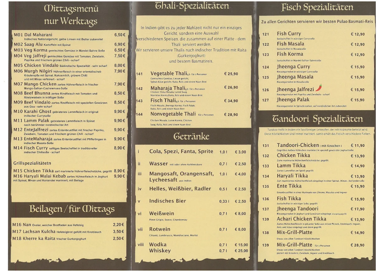Speisekarte, Maharaja Indisches Restaurant