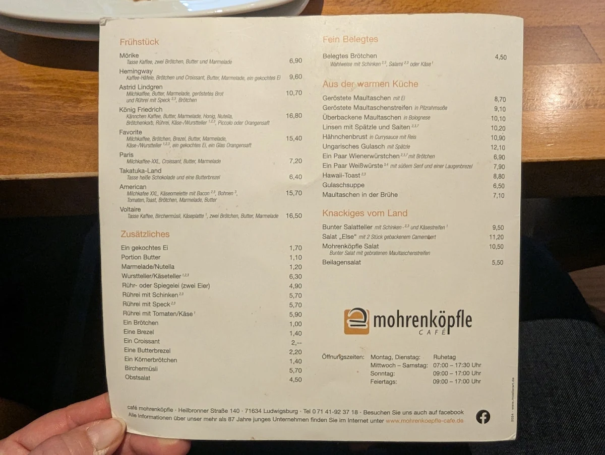 Speisekarte, Café Mohrenköpfle