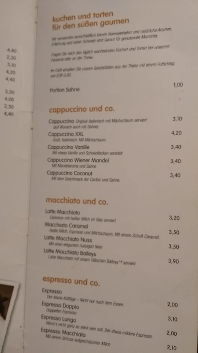 Speisekarte, Café Mohrenköpfle