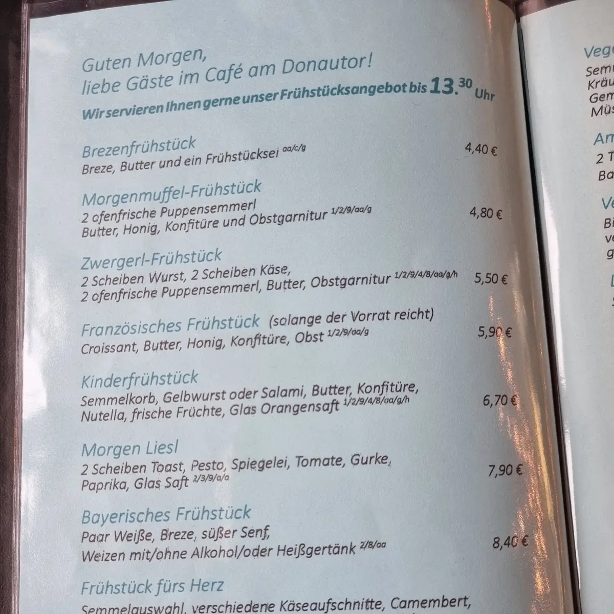 Speisekarte, Café am Donautor