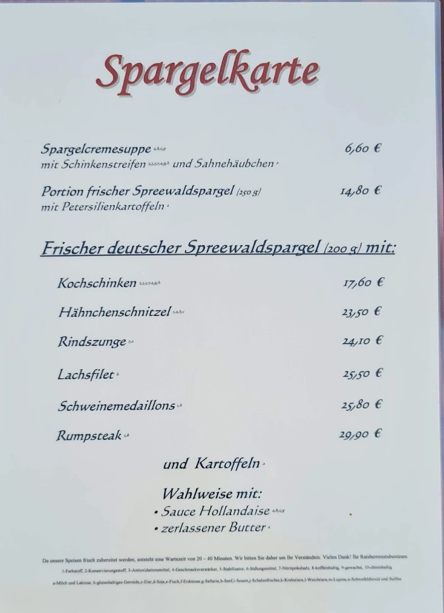Speisekarte, Ratsherrenstuben