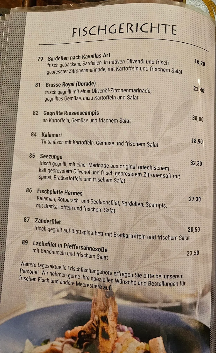 Speisekarte, Hermes Restaurant