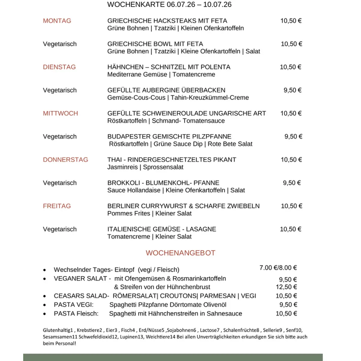 Speisekarte, Bistro im DAZ