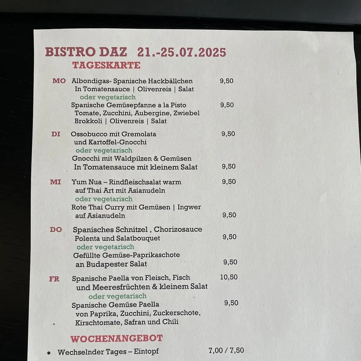Speisekarte, Bistro im DAZ