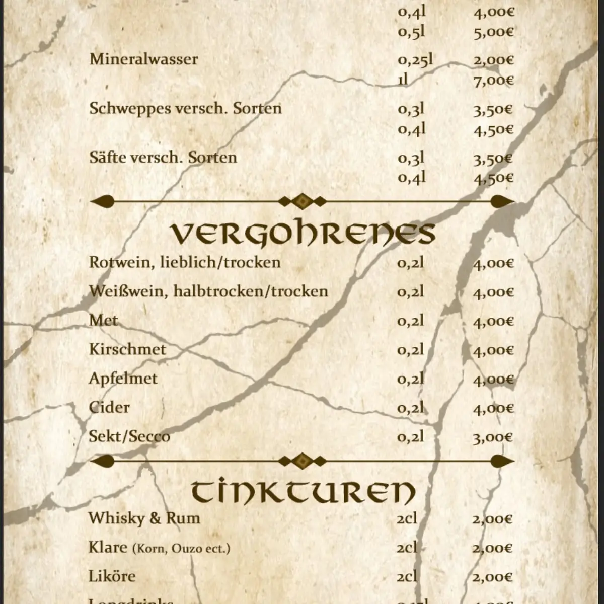 Speisekarte, THORHEIM Taverne der Götter