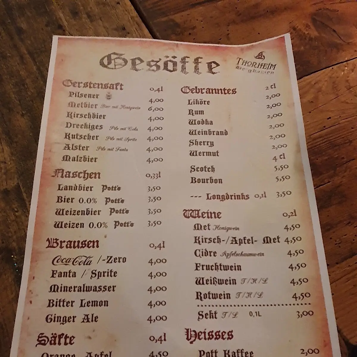 Speisekarte, THORHEIM Taverne der Götter