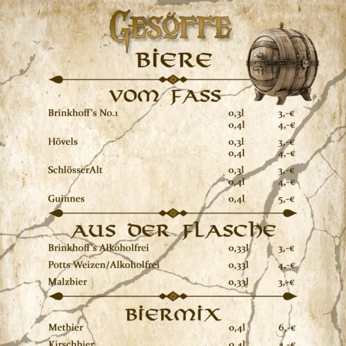 Speisekarte, THORHEIM Taverne der Götter