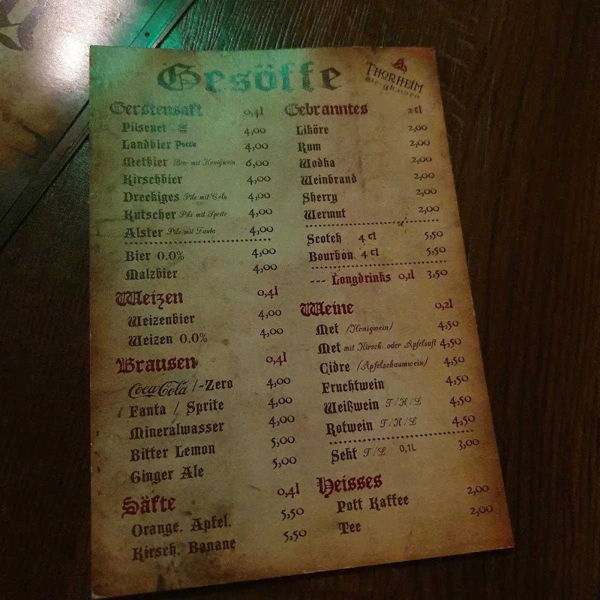 Speisekarte, THORHEIM Taverne der Götter