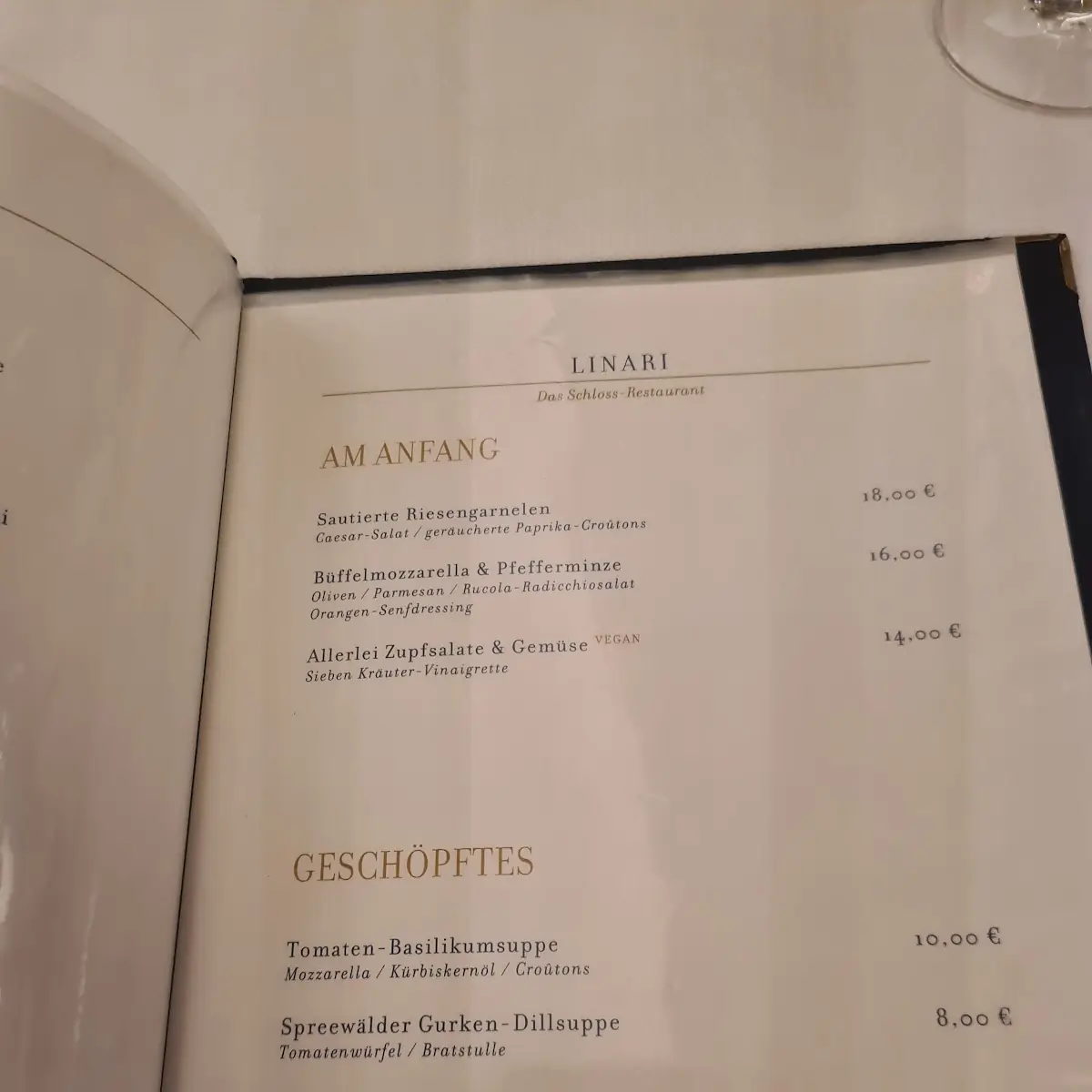 Speisekarte, Schloss-Restaurant LINARI Lübbenau