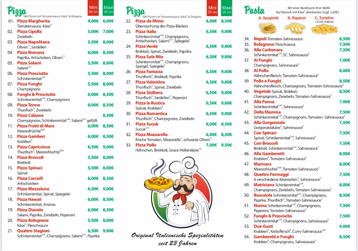 Speisekarte, Pizzeria Da Mimo