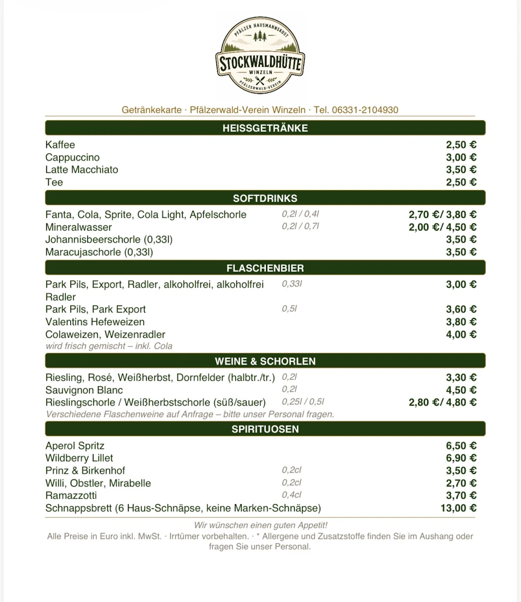 Speisekarte, Stockwaldhütte Winzeln e.V.