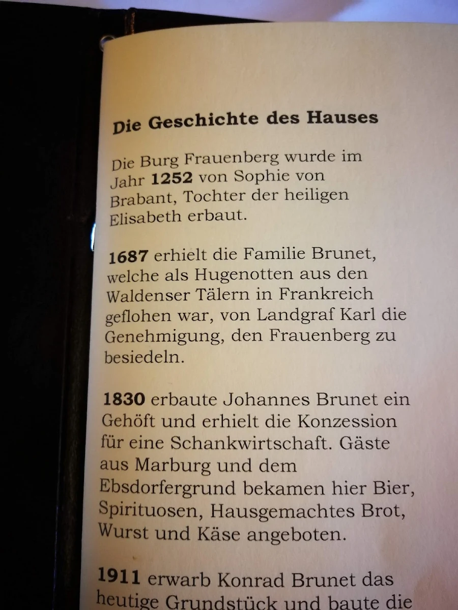 Speisekarte, Hotel Restaurant "Zur Burgruine Frauenberg"
