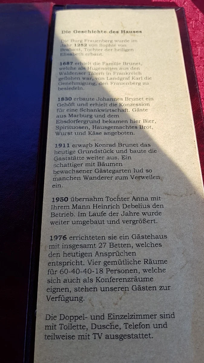 Speisekarte, Hotel Restaurant "Zur Burgruine Frauenberg"