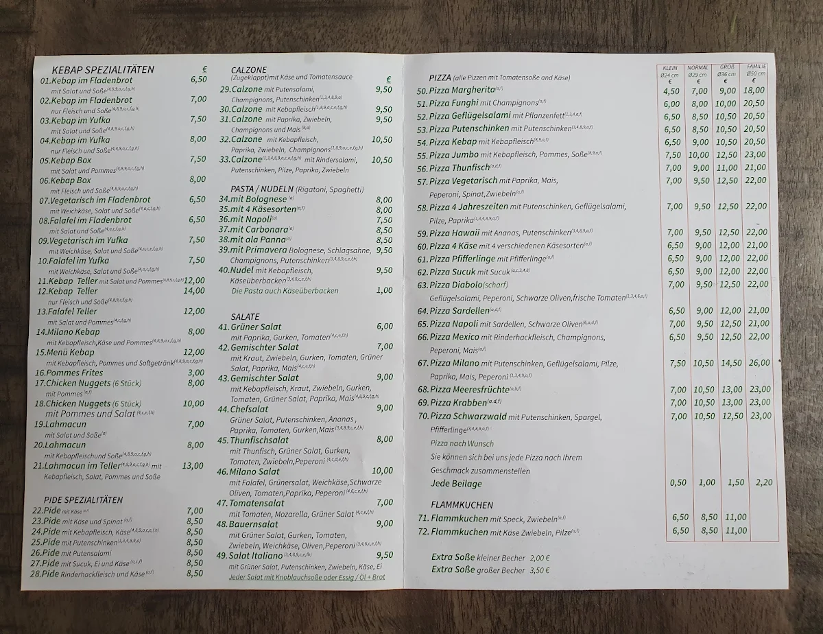 Speisekarte, Pizzeria Milano