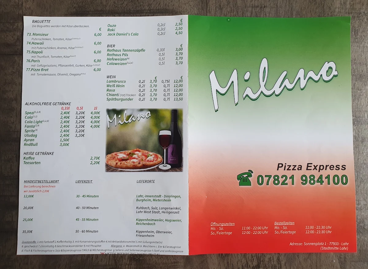 Speisekarte, Pizzeria Milano